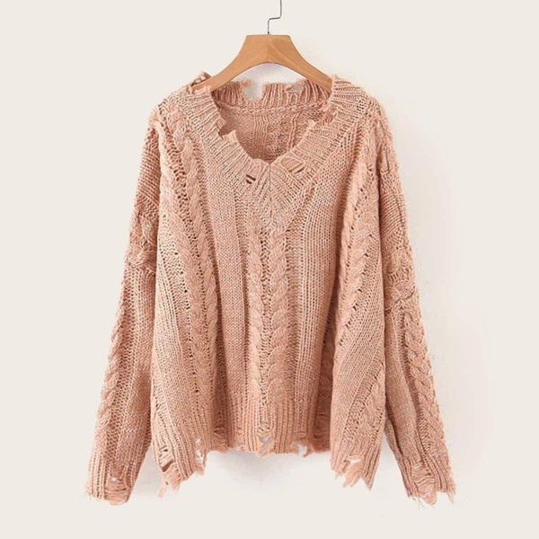 

Solid Ripped Cable Knit Sweater