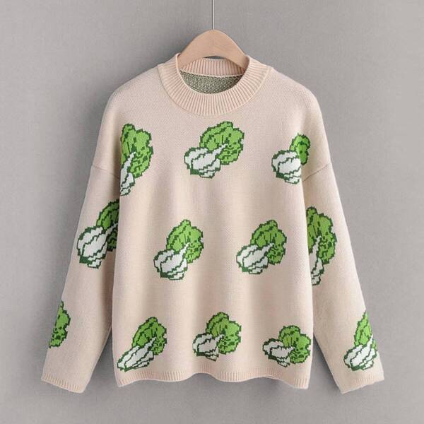 

Drop Shoulder Vegetable Pattern Sweater