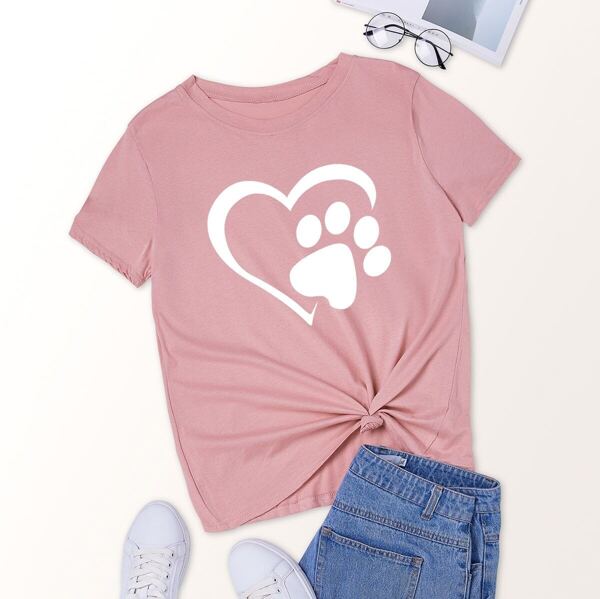 

Footprint And Heart Print Tee, Pink