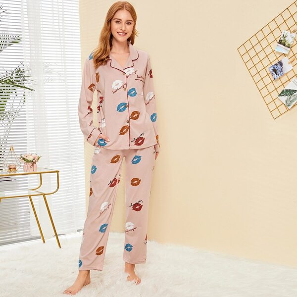 

Lip Print Button-up Pajama Set, Pink