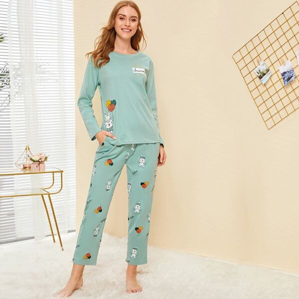 

Cartoon & Letter Print Pajama Set, Green