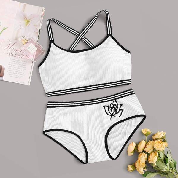 

Floral Embroidered Crisscross Rib Lingerie Set