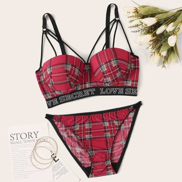 

Letter Tape Underwire Plaid Lingerie Set