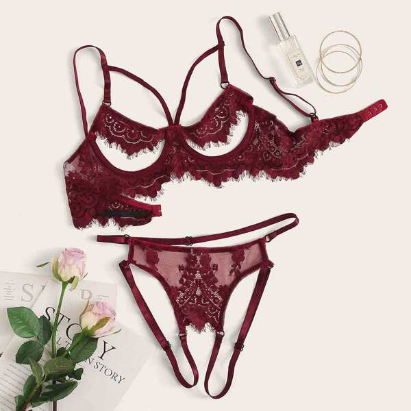 

Eyelash Lace Underwire Lingerie Set, Burgundy