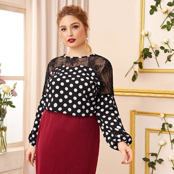 

Plus Lace Panel Polka Dot Blouse