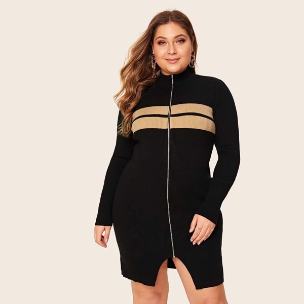 

Plus Zip Up Contrast Panel Bodycon Sweater Dress, Black