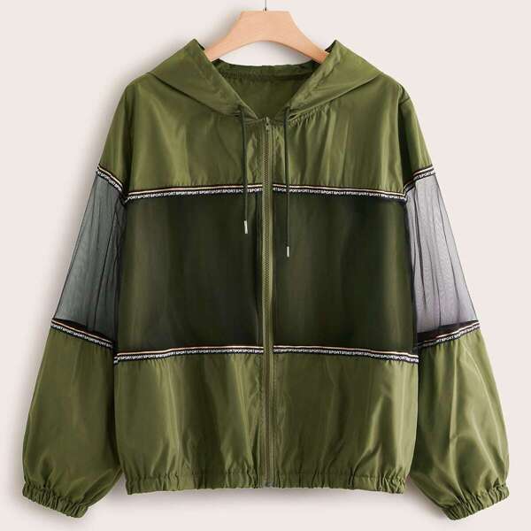 

Plus Mesh Panel Drawstring Hooded Windbreaker Jacket