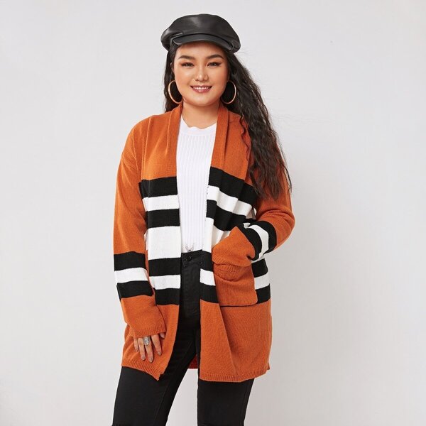 

Plus Pocket Side Contrast Stripe Print Cardigan, Multicolor