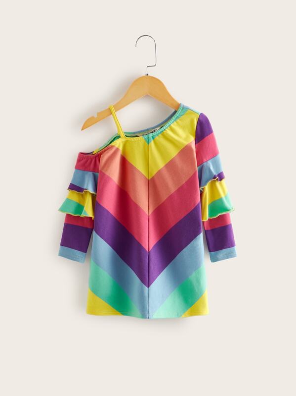

Toddler Girls Rainbow Chevron Asymmetrical Neck Tee Dress, Multicolor