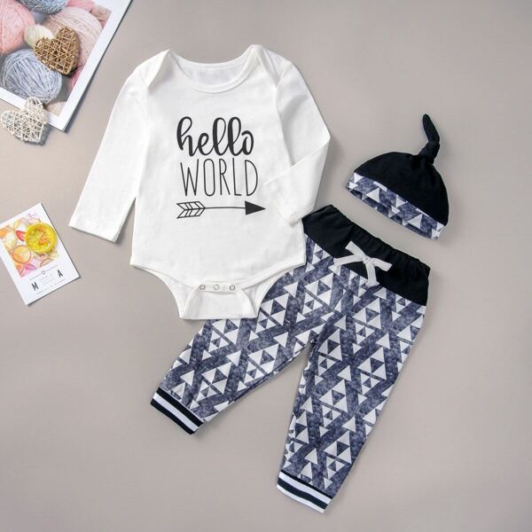 

Baby Boy Slogan Graphic Romper & Knot Front Sweatpants & Hat, Multicolor