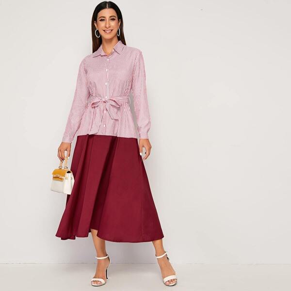 

Stripe Pattern Self Tie Spliced Shirt Dress