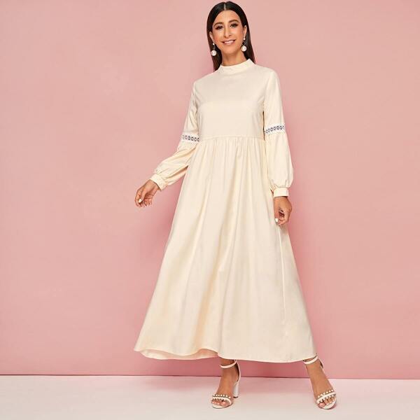 

Guipure Lace Panel Swing Maxi A-line Dress, Beige