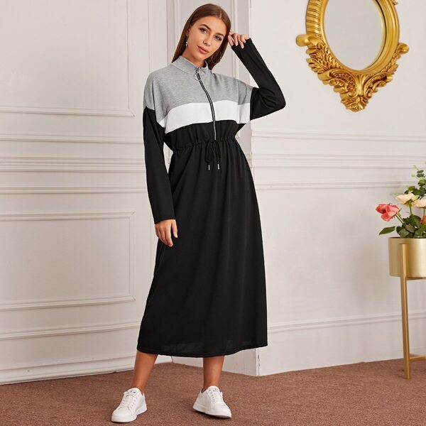 

Contrast Panel O-ring Zipper Sweatshirt Dress, Black