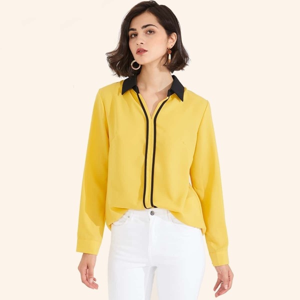 

Contrast Collar Piping Trim Pullover Blouse, Yellow