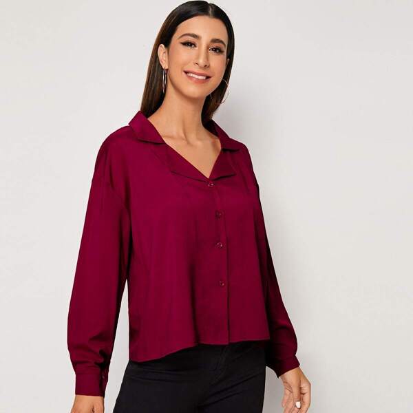 

Button Front Lapel Neck Blouse, Burgundy