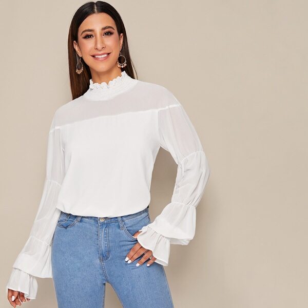 

Shirred Frill Neck Flounce Sleeve Blouse, White