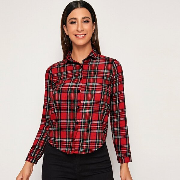 

Tartan Plaid Curved Hem Blouse, Red