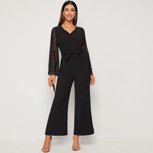 

Contrast Lace Self Tie Flare Leg Jumpsuit