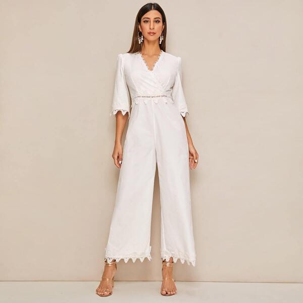 

Surplice V-neck Lace Panel Culotte Jumpsuit