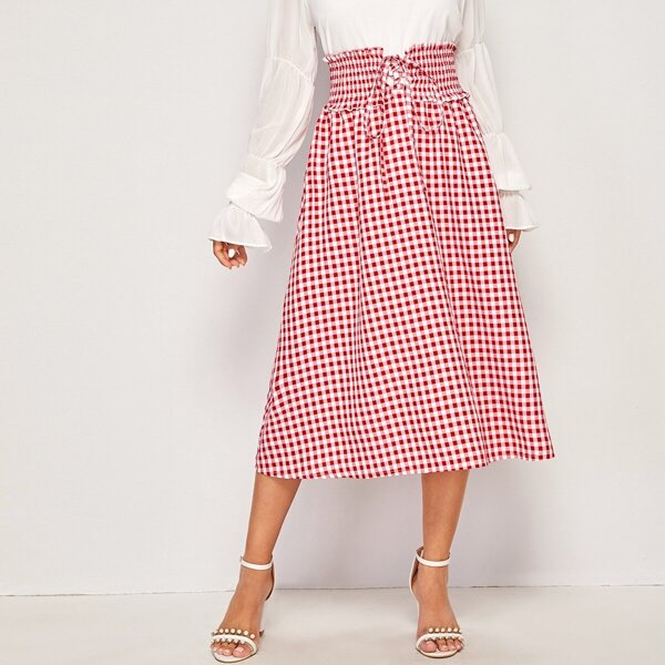 

Gingham Tie Front Shirred Waist Skirt, Red
