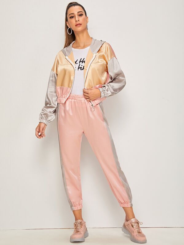 

Satin Cut And Sew Bomber Jacket With Sweatpants, Multicolor, Gabe