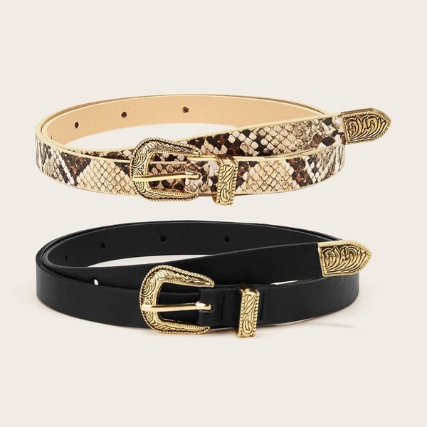 

Snakeskin Pattern Western Buckle Belt 2pcs, Multicolor