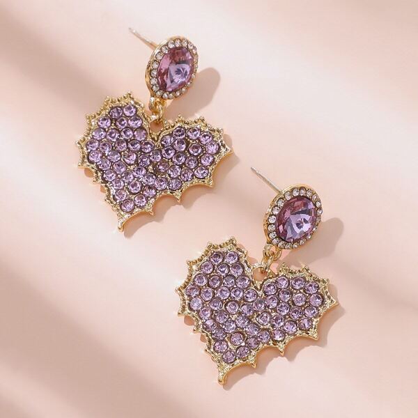 

Heart Shaped Rhinestone Engraved Drop Earrings 1pair