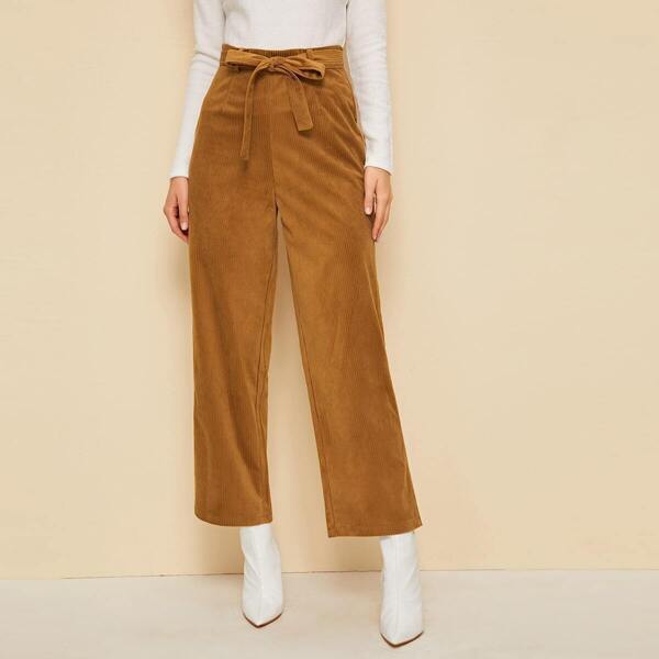 

Solid Self Tie Wide Leg Corduroy Pants, Brown