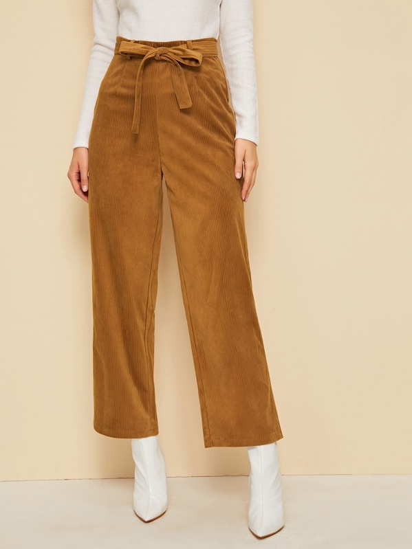 

Solid Self Tie Wide Leg Corduroy Pants, Brown, Klavdia