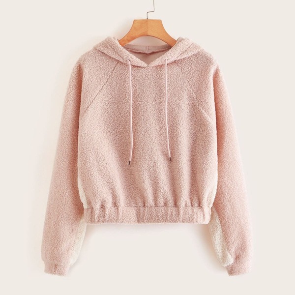 

Solid Drawstring Raglan Sleeve Teddy Hoodie, Pink