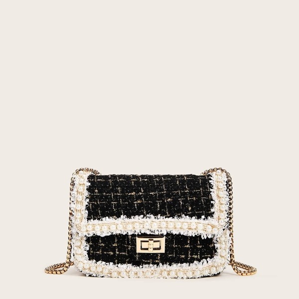 

Faux Pearl Decor Twist Lock Tweed Crossbody Bag, Multicolor
