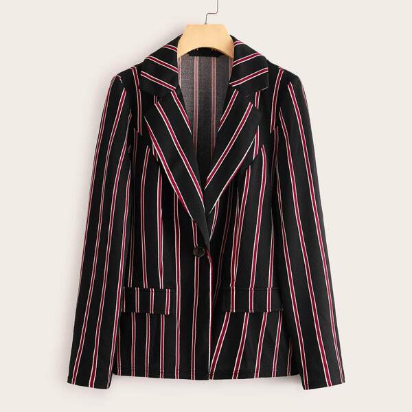 

Striped Single Button Blazer, Black