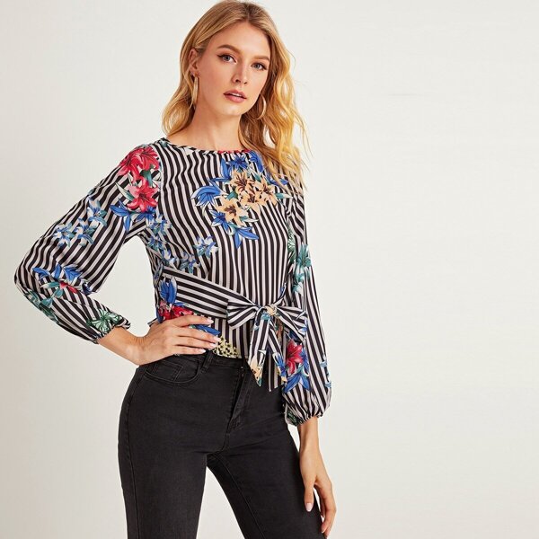 

Striped & Floral Tie Front Top