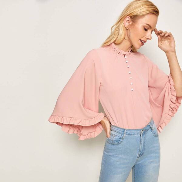 

Frill Trim Button Front Top