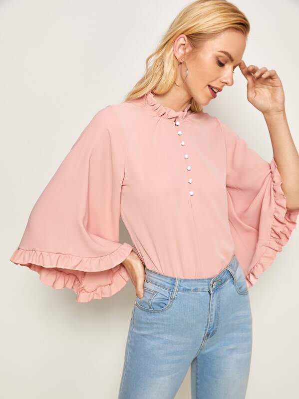 

Frill Trim Button Front Top, Pink, Denisa