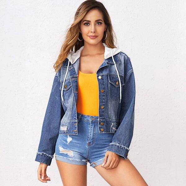 

Ripped Letter Print Detachable Hooded Denim Jacket