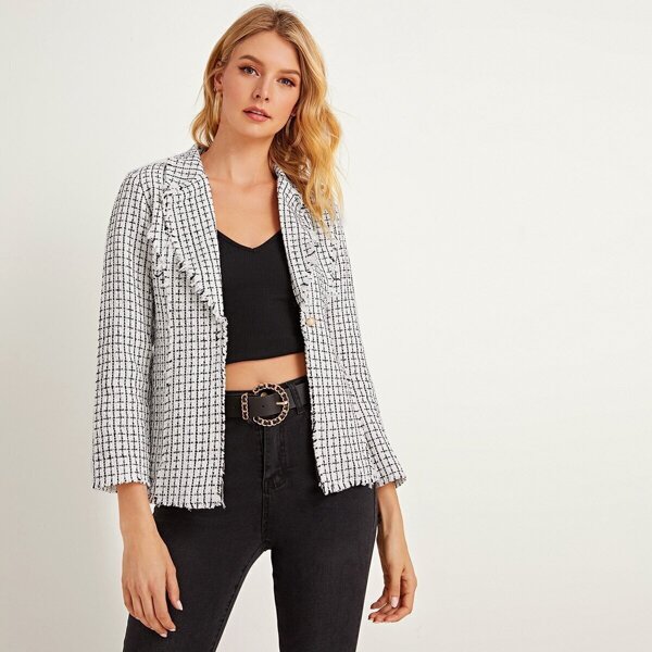 

Frayed Trim Single Button Tweed Blazer, White