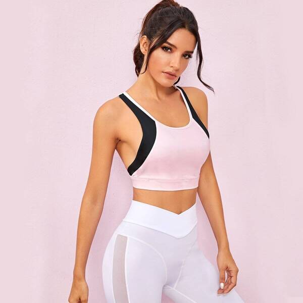 

Contrast Panel Criss Cross Back Sports Bra, Pink