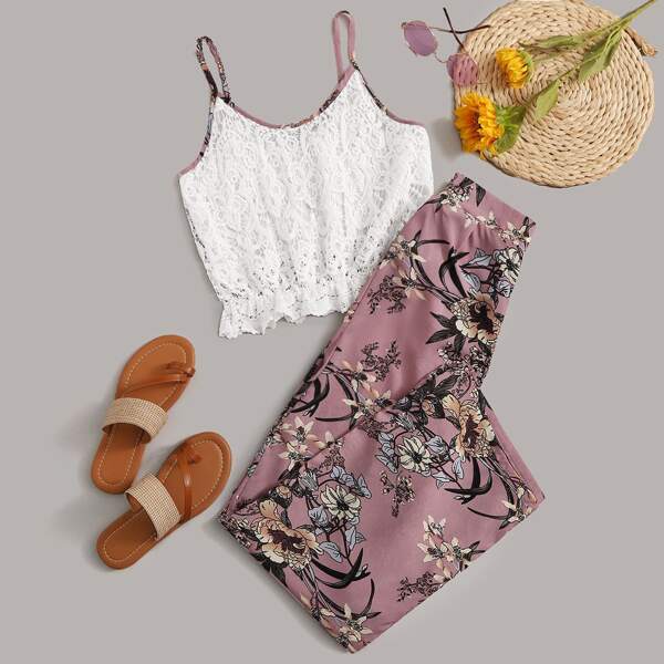 

Ruffle Trim Cami Top & Floral Pants Set