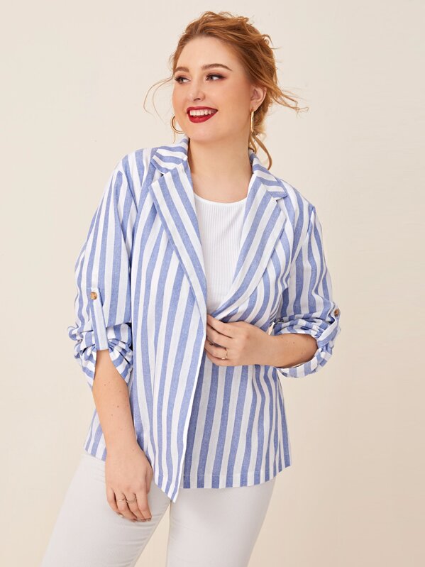 

Plus Striped Tab Sleeve Blazer, Blue, Nora