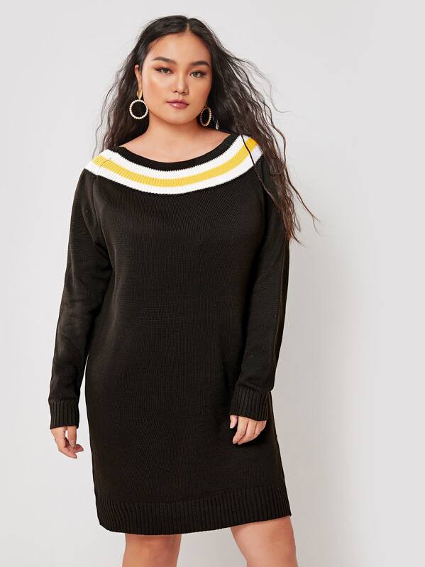 

Plus Striped Raglan Sleeve Sweater Dress, Black, Ma Tian