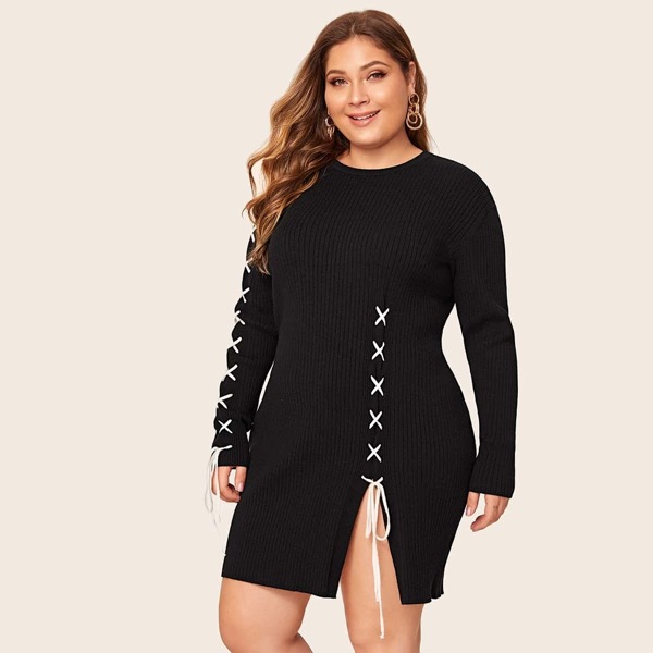 

Plus Lace Up Split Hem Sweater Dress