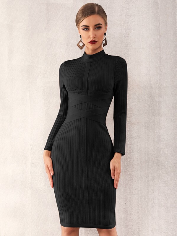 

Adyce Zip Back Mock-neck Bandage Dress, Black