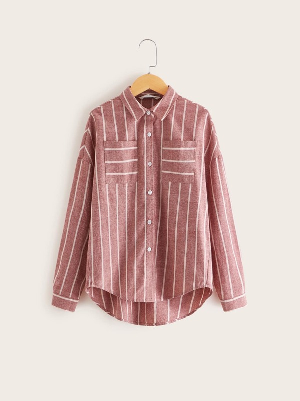 

Girls Drop Shoulder Pocket Patched Striped Shirt, Pink