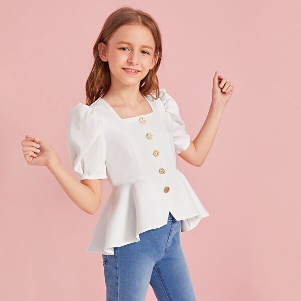 

Girls Puff Sleeve Peplum Shirt