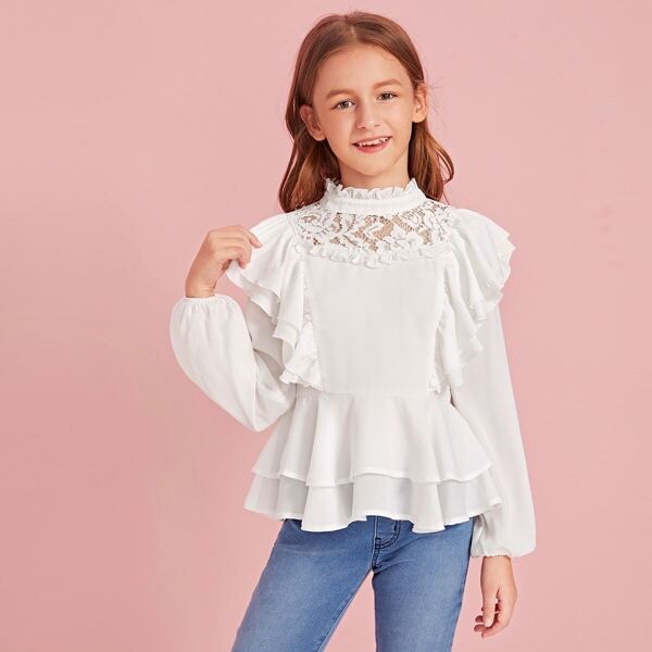 

Girls Frilled Neck Lace Insert Ruffle Trim Peplum Top, White