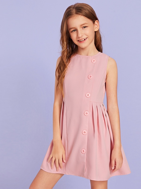 

Girls Button Front Pleated Dress, Pink, Sashab