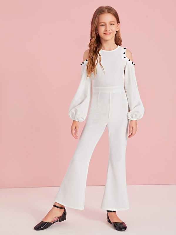 

Girls Cold Shoulder Lantern Sleeve Flare Leg Jumpsuit, White, Sashab