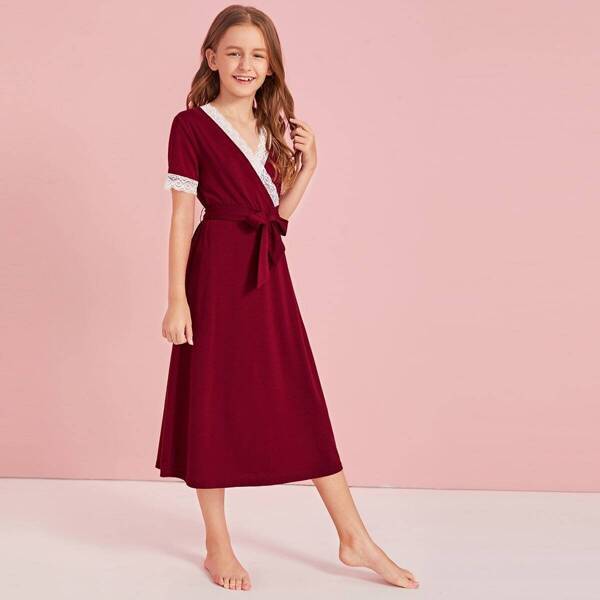 

Girls Surplice Wrap Belted Lace Trim Nightdress