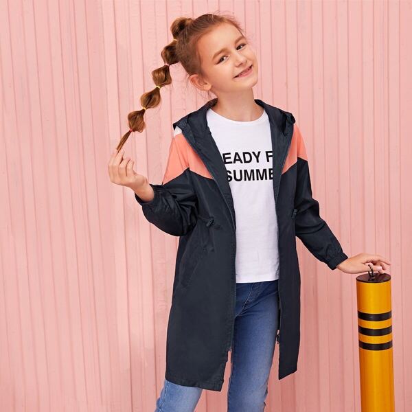 

Girls Zip Up Colorblock Drawstring Waist Hooded Wind Jacket, Navy